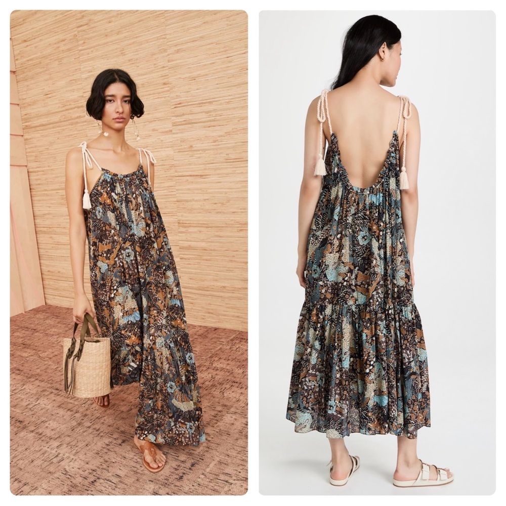 Ulla Johnson Floral Printed Tie-Shoulder Maxi Coverup in Brown, Blue and Cream